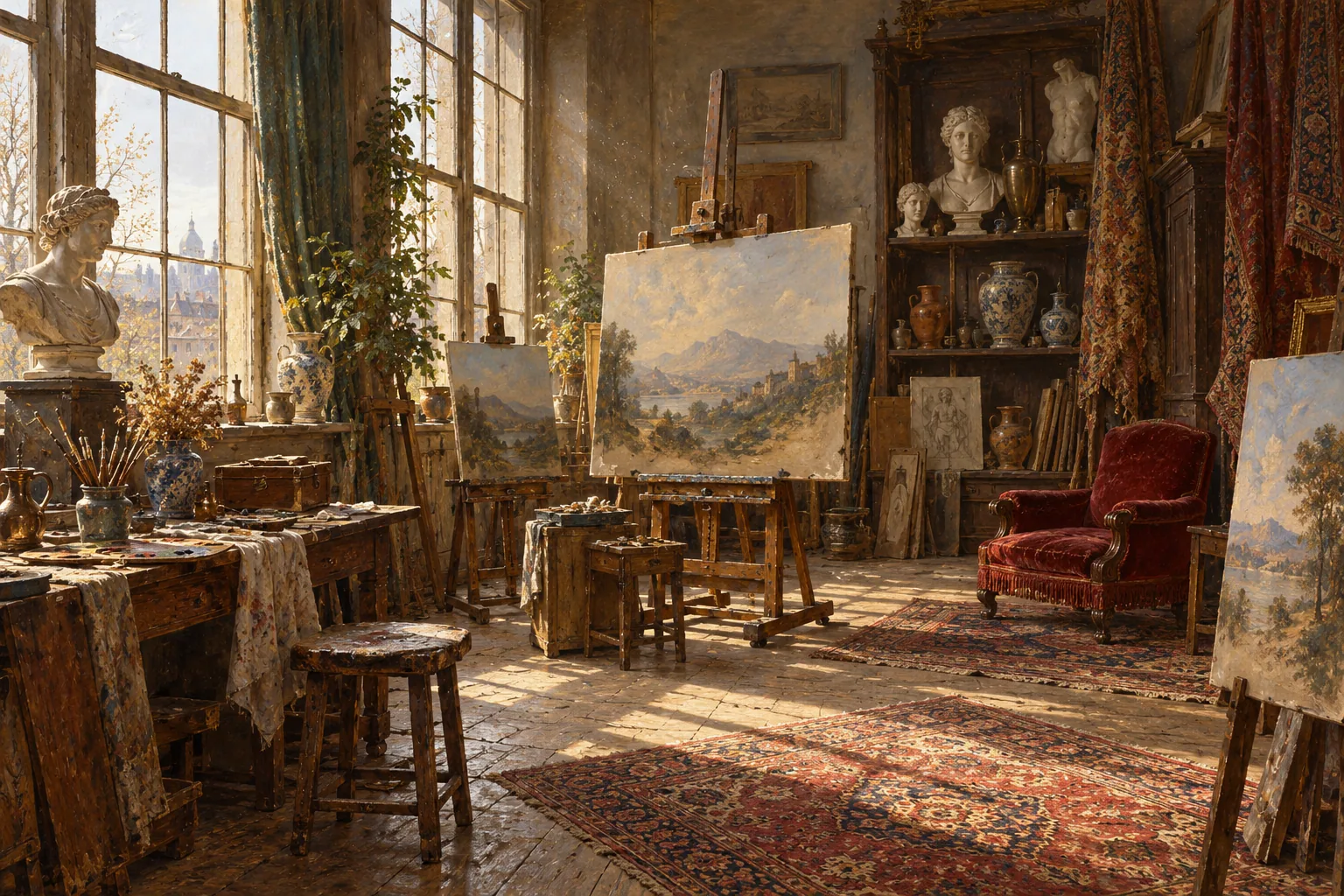 An original painting of a sunlit painter's atelier