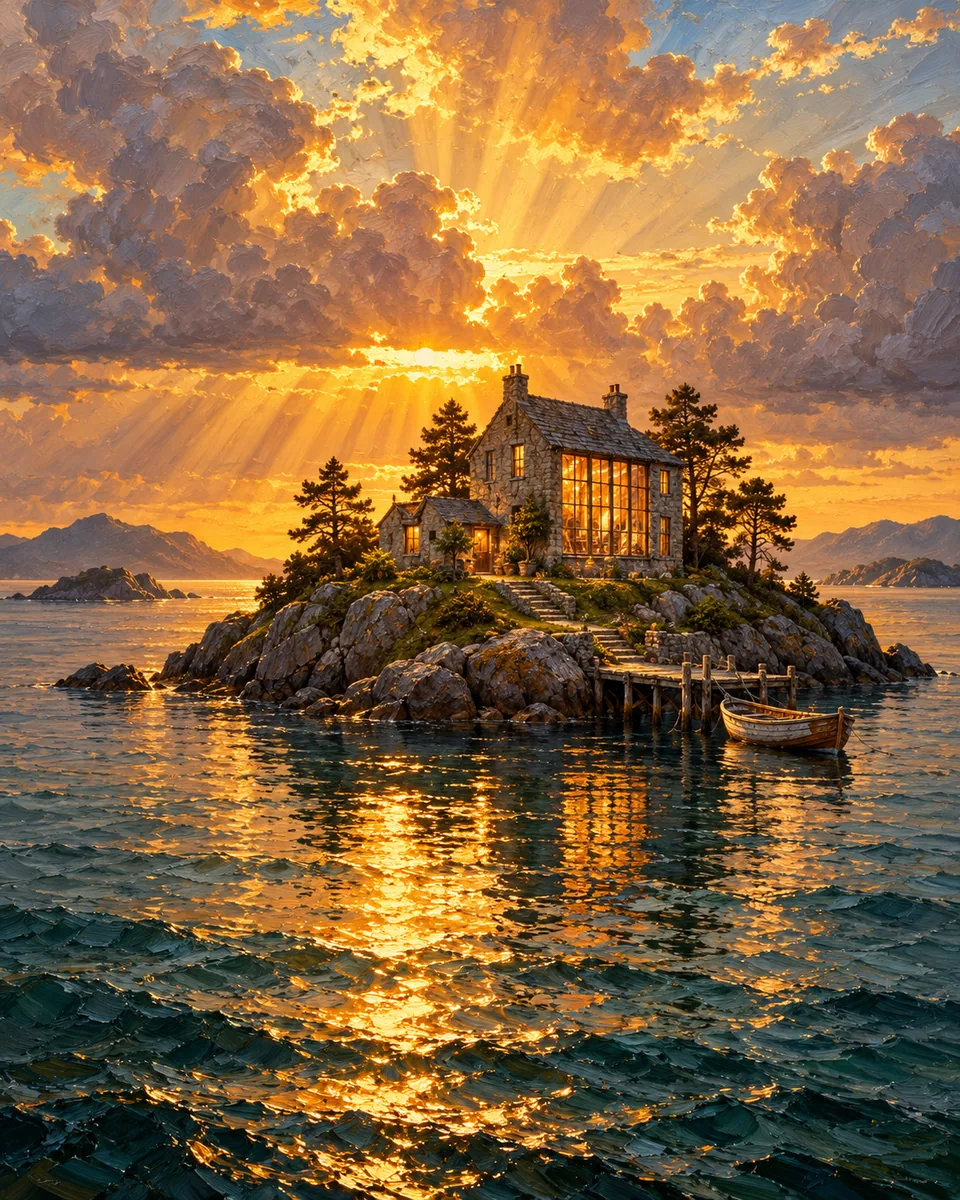 An original painting of an artist's atelier on a small island at sunset