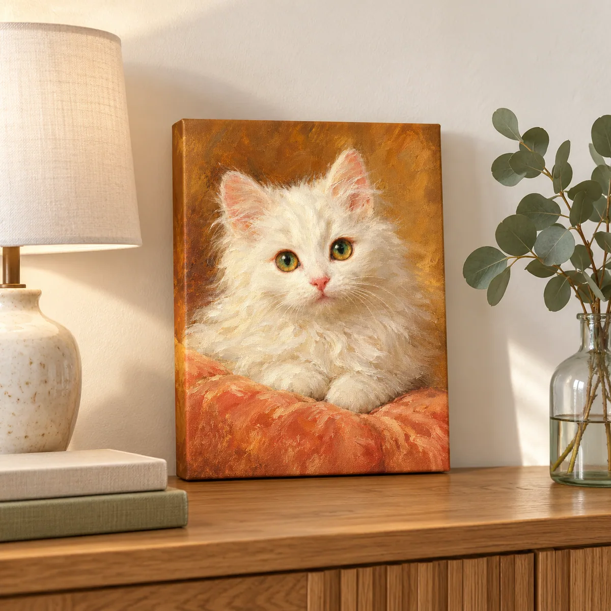 A 30 × 40 cm canvas of a white kitten on a console
