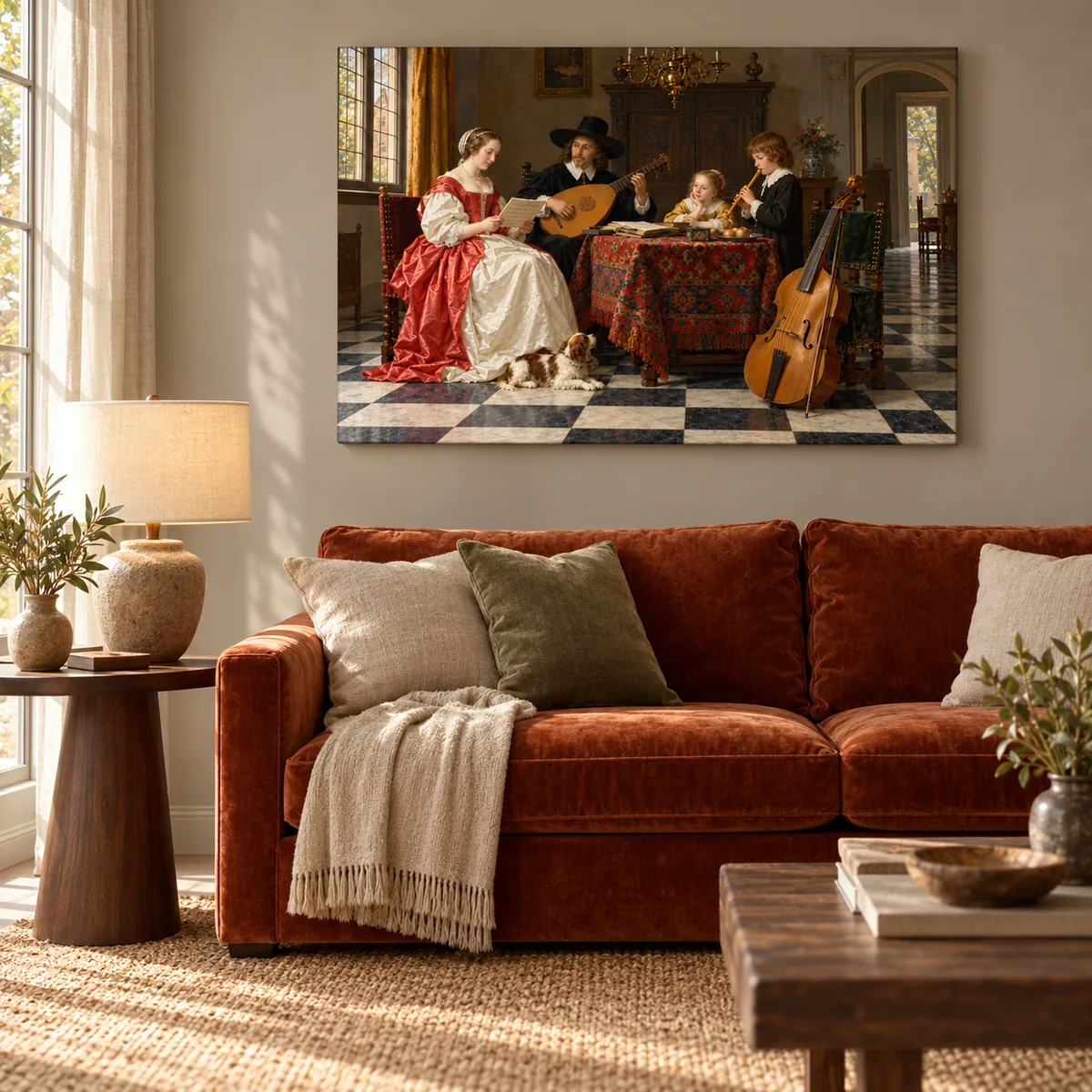 A large 40 × 60 cm canvas of a family playing music above a sofa