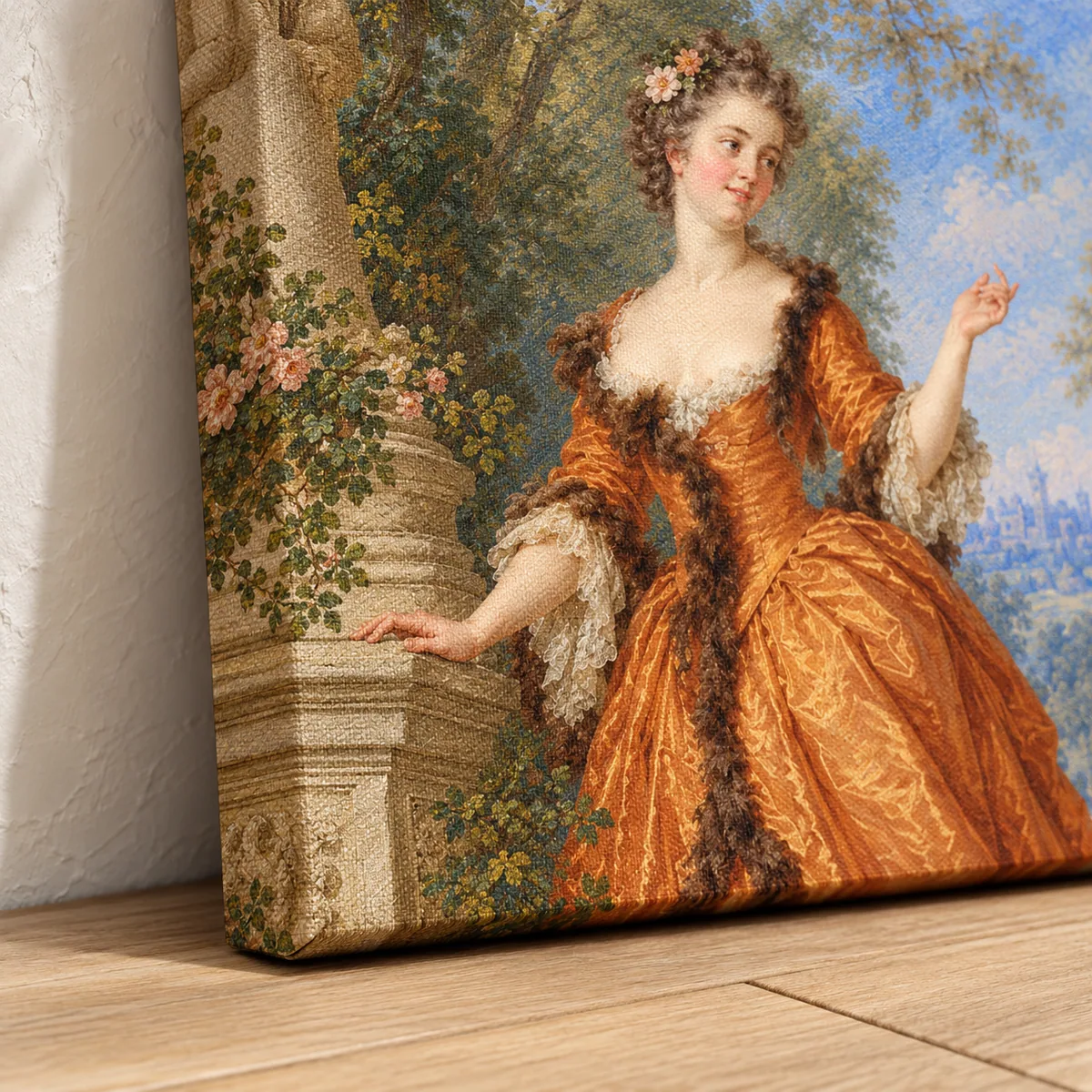 The wrapped corner of a gallery canvas, the painting continuing around the edge