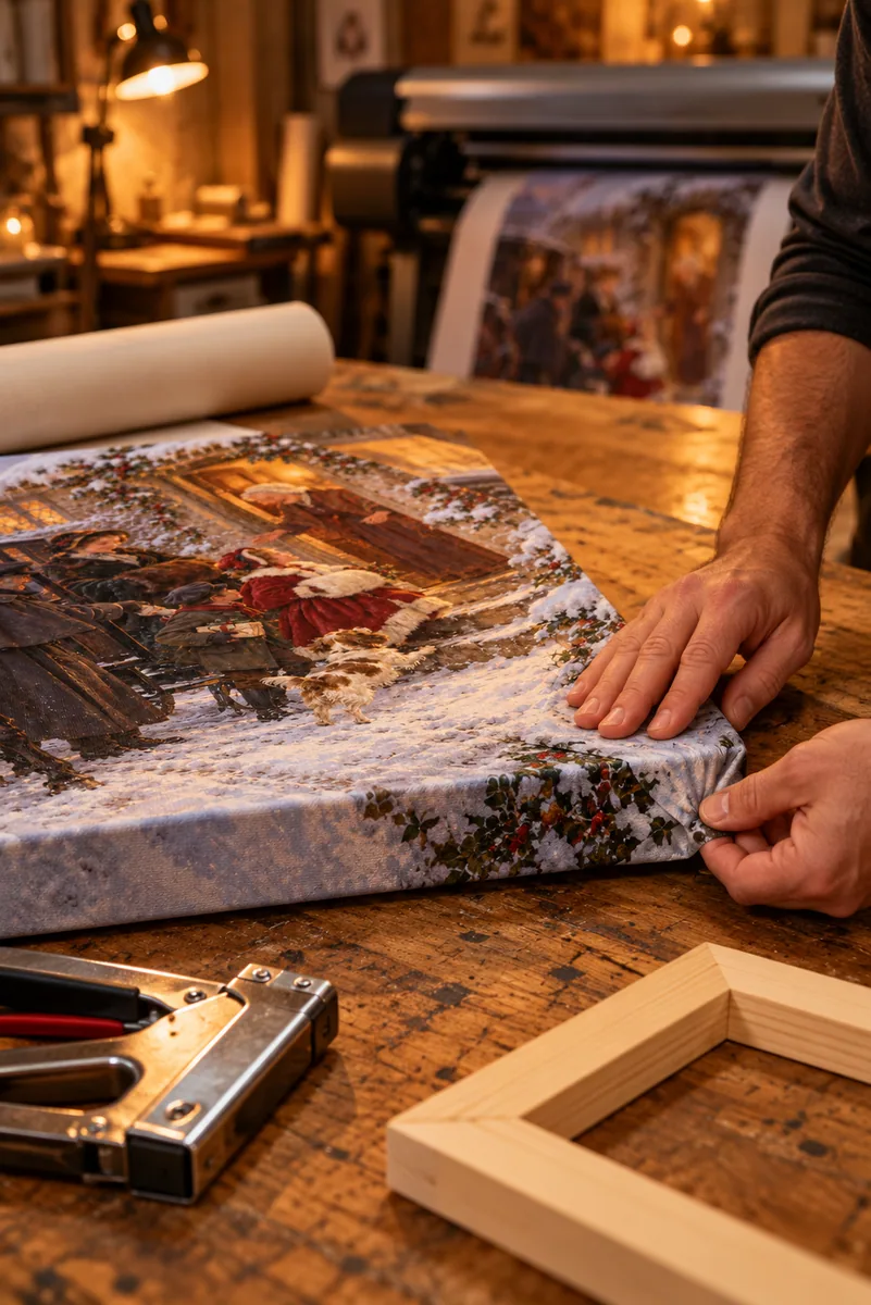 Hands finishing the folded corner of a gallery-wrapped canvas