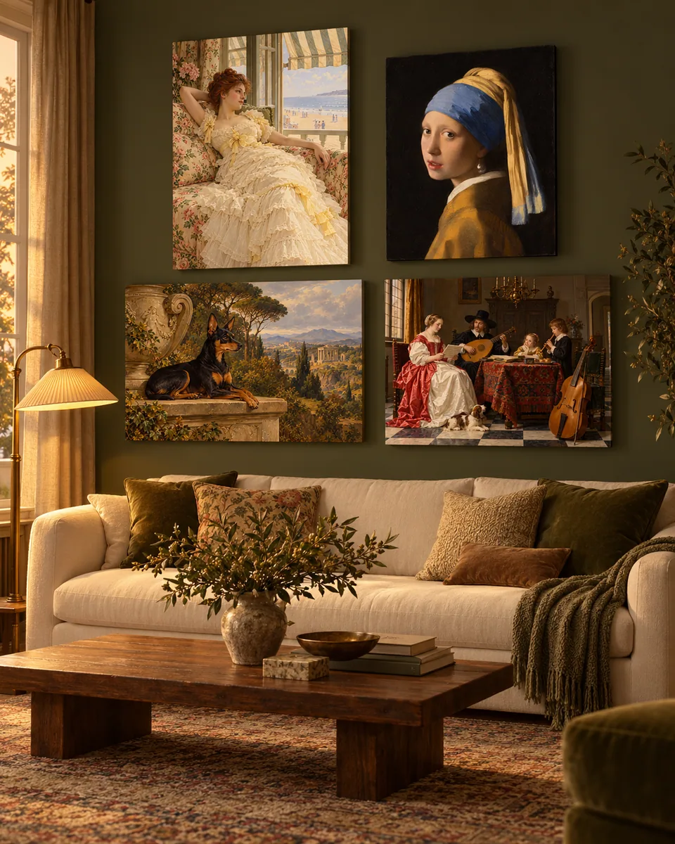 A gallery wall of four Artisimus canvases above a sofa