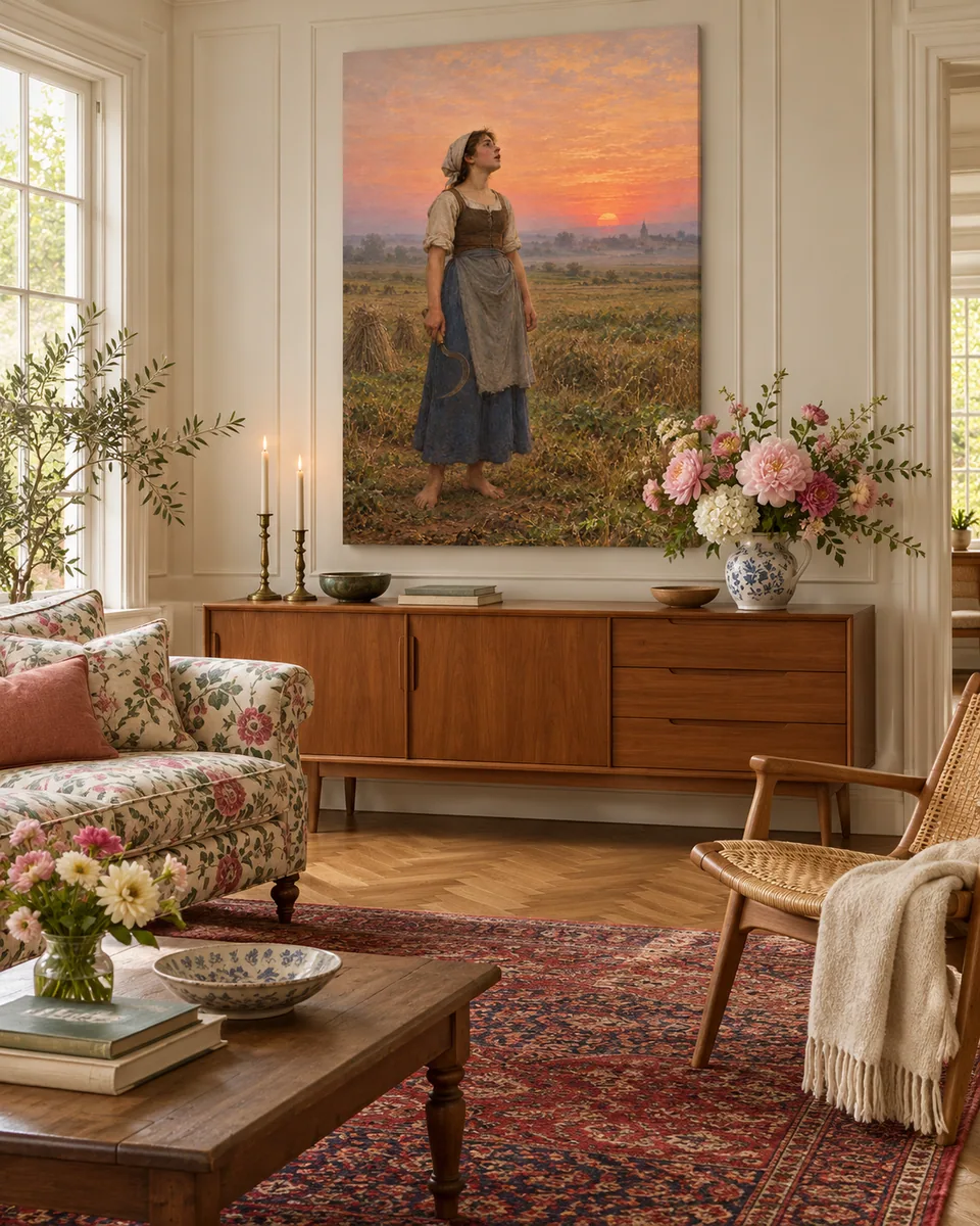 The Song of the Lark, after Breton, as a canvas in a panelled room