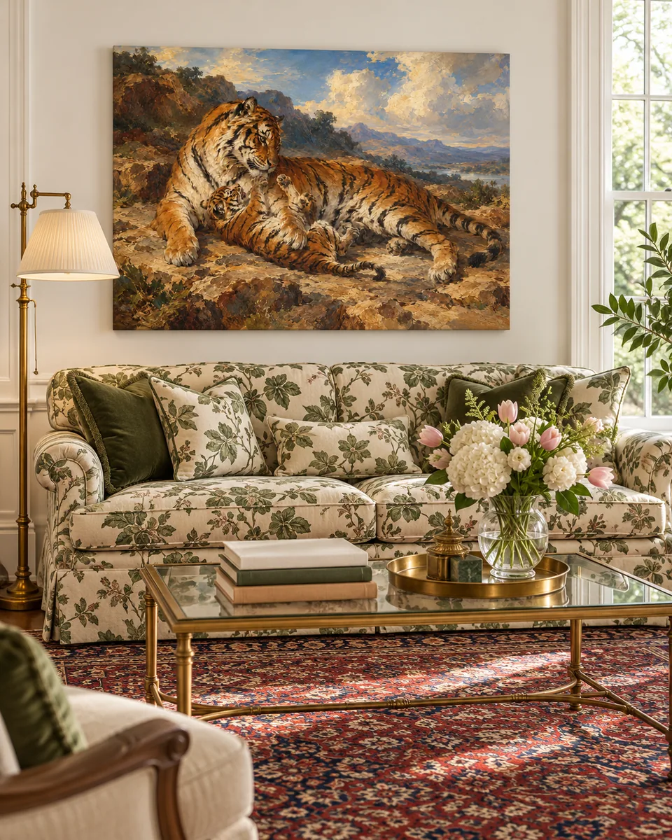 Young Tiger Playing with Its Mother, after Delacroix, as a canvas above a sofa