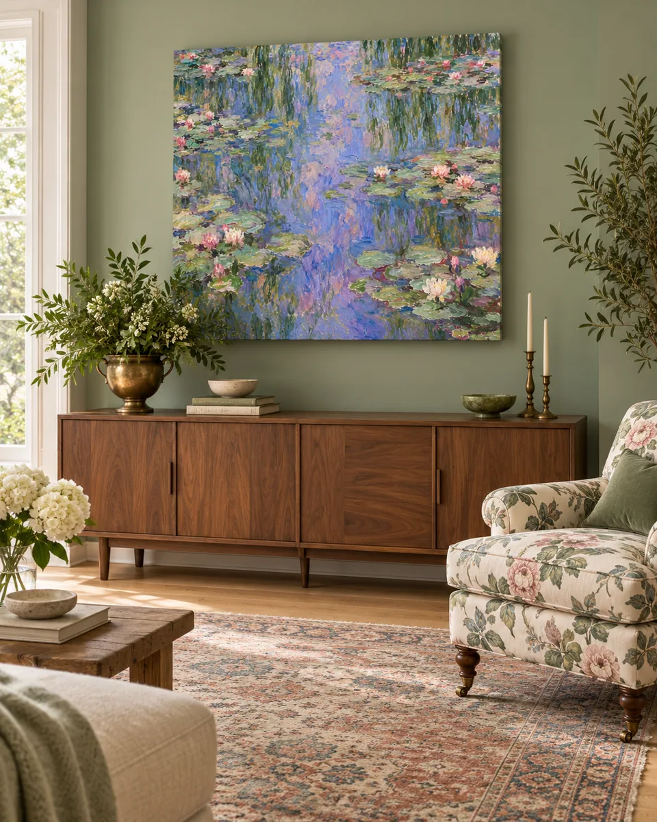 Water Lilies, after Monet, as a canvas in a bright living room