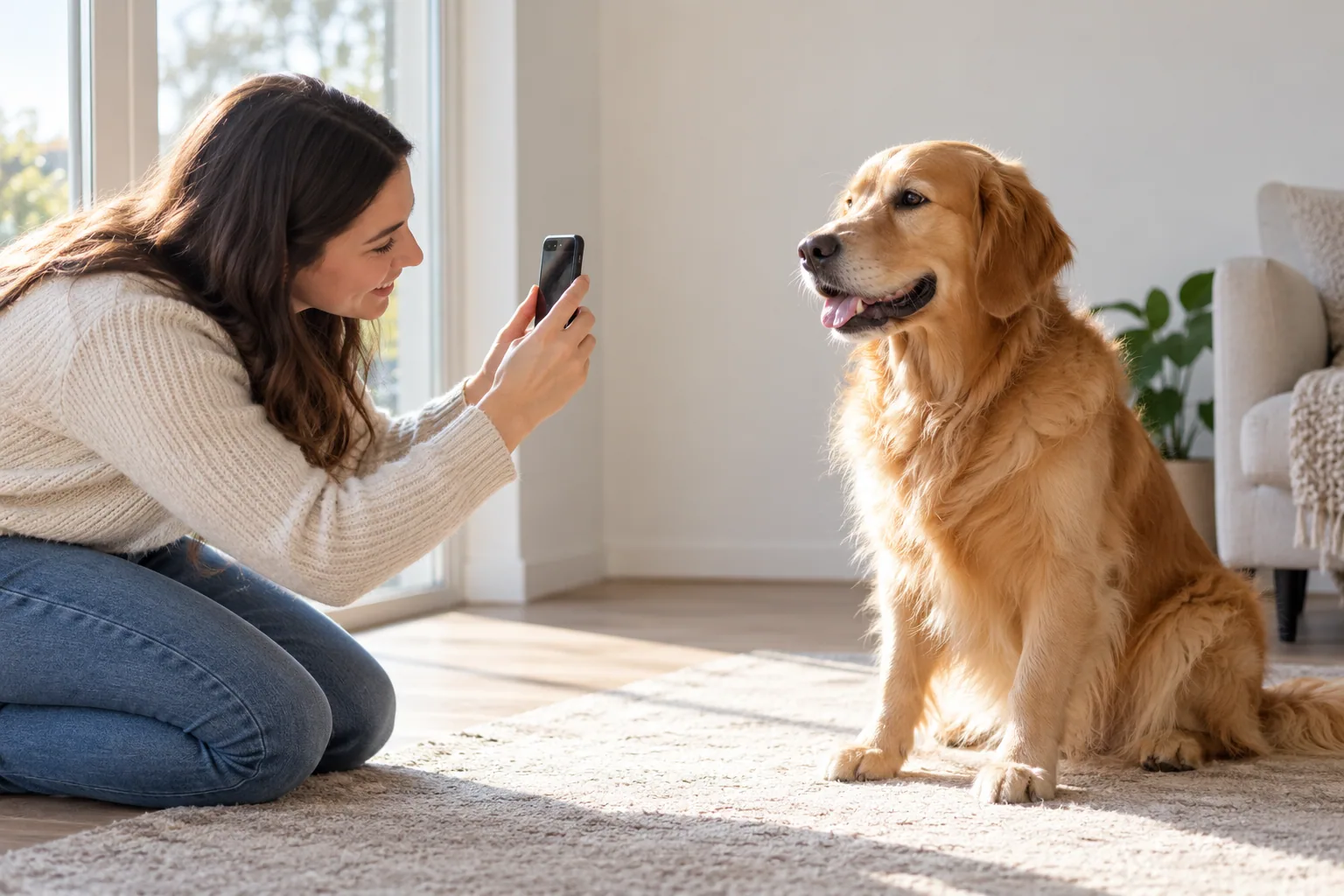 Taking a clear, well-lit photo of a dog at eye level by a window