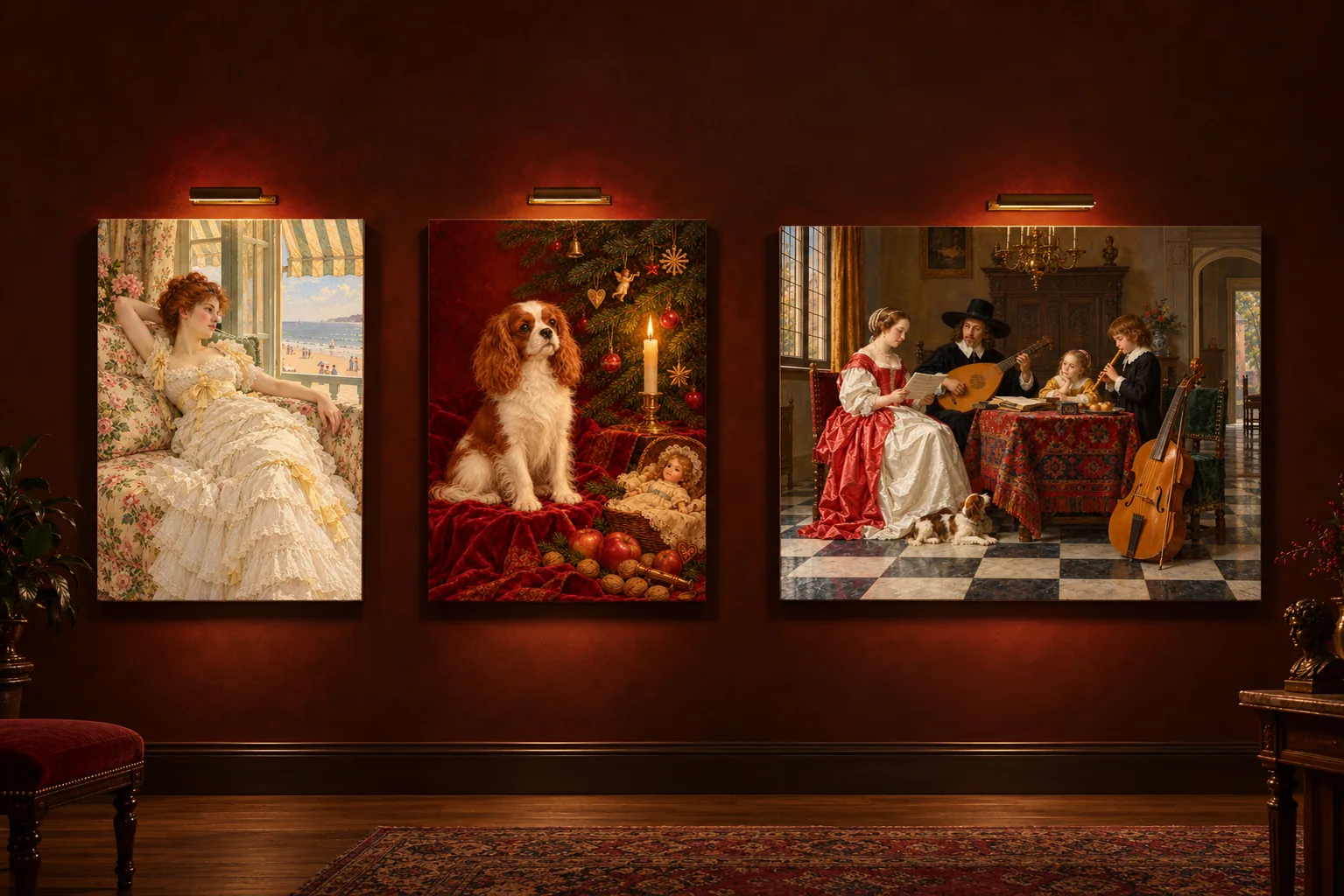 Three Artisimus canvases on a dark gallery wall