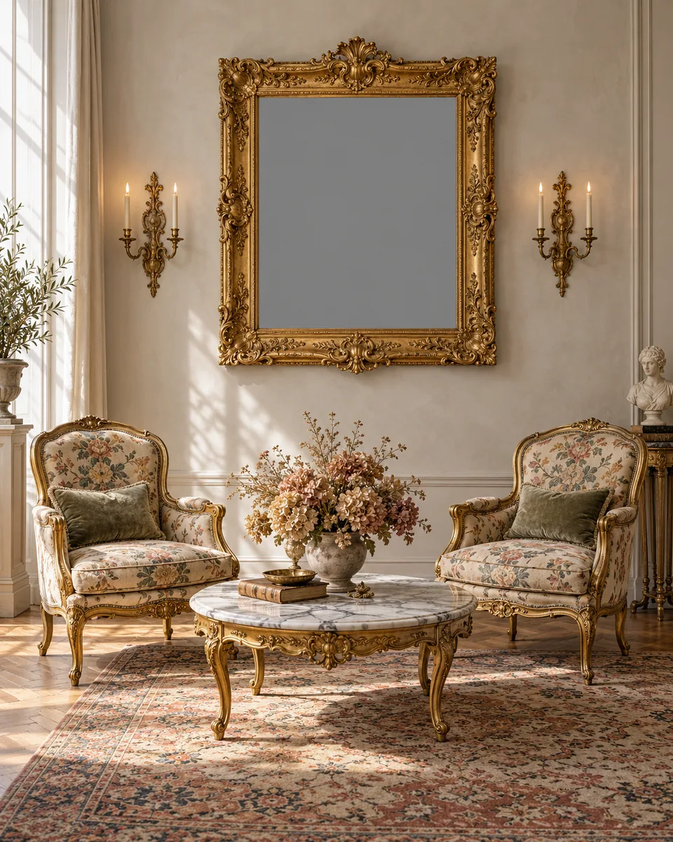 Still Life: A Banqueting Scene, shown on the wall of a room in a styling frame (the canvas ships unframed)