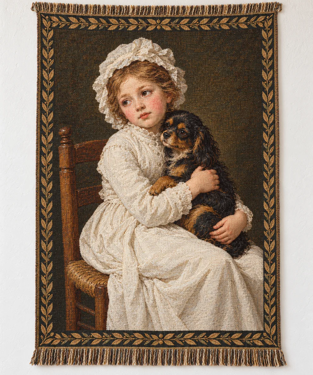 Young girl with a dog, woven tapestry blanket after Jean-Baptiste Greuze