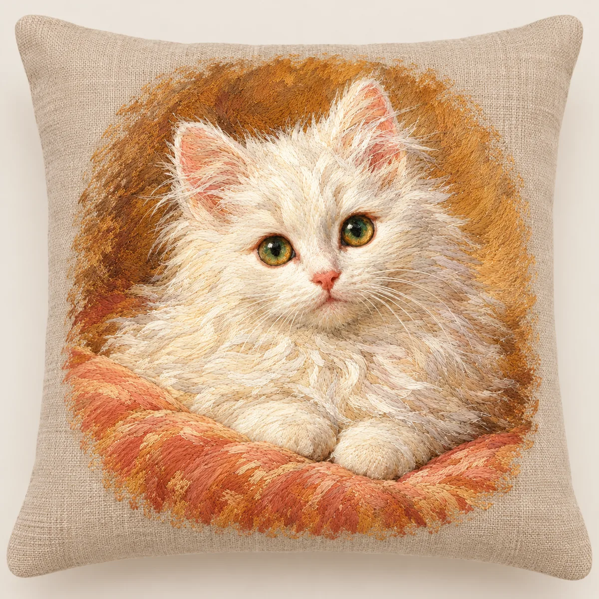 Head of a White Angora Kitten, embroidered linen pillow after Henriëtte Ronner-Knip