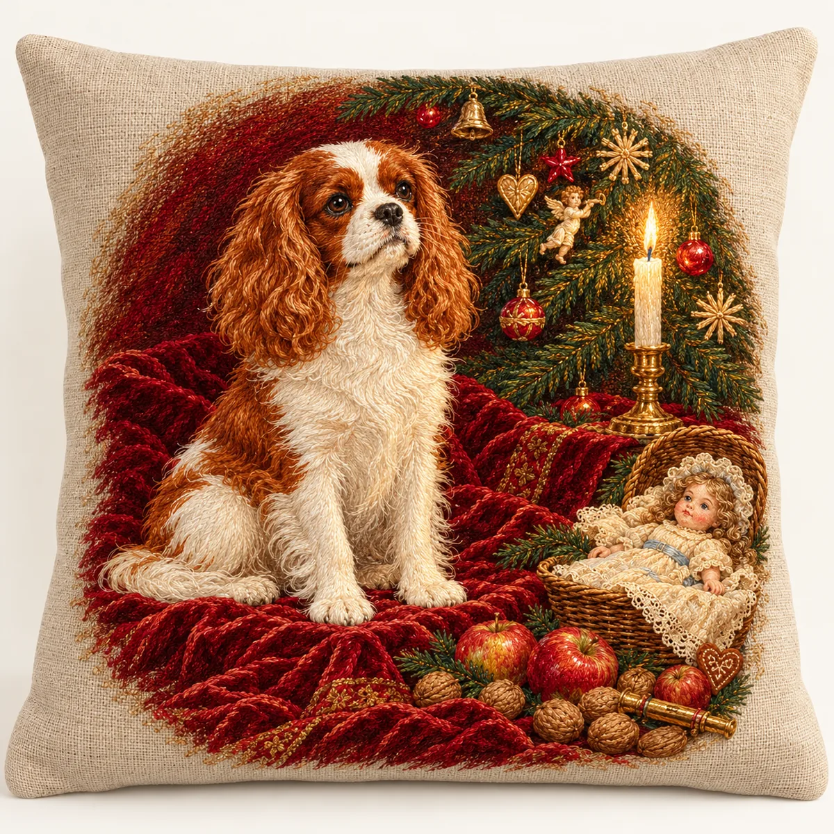 Christmas Eve, embroidered linen pillow after Friedrich Dürck