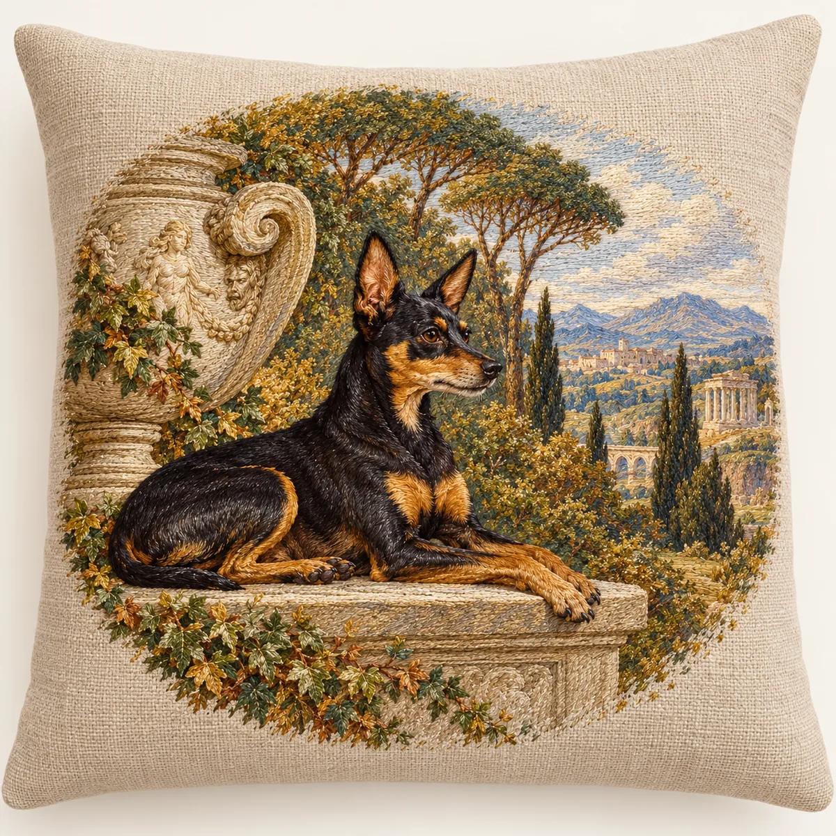 'Fanny', a Favourite Dog, embroidered linen pillow after James Ward