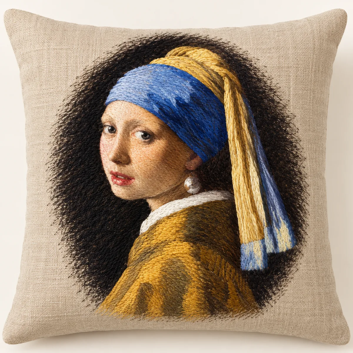 Girl with a Pearl Earring, embroidered linen pillow after Johannes Vermeer