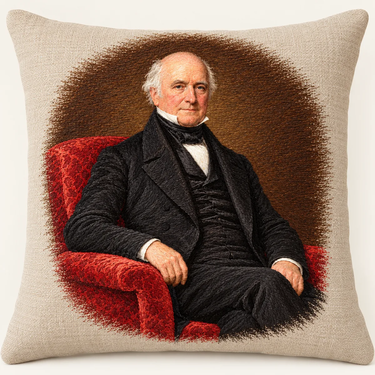 Israel Munson (1767-1844), embroidered linen pillow after Chester Harding