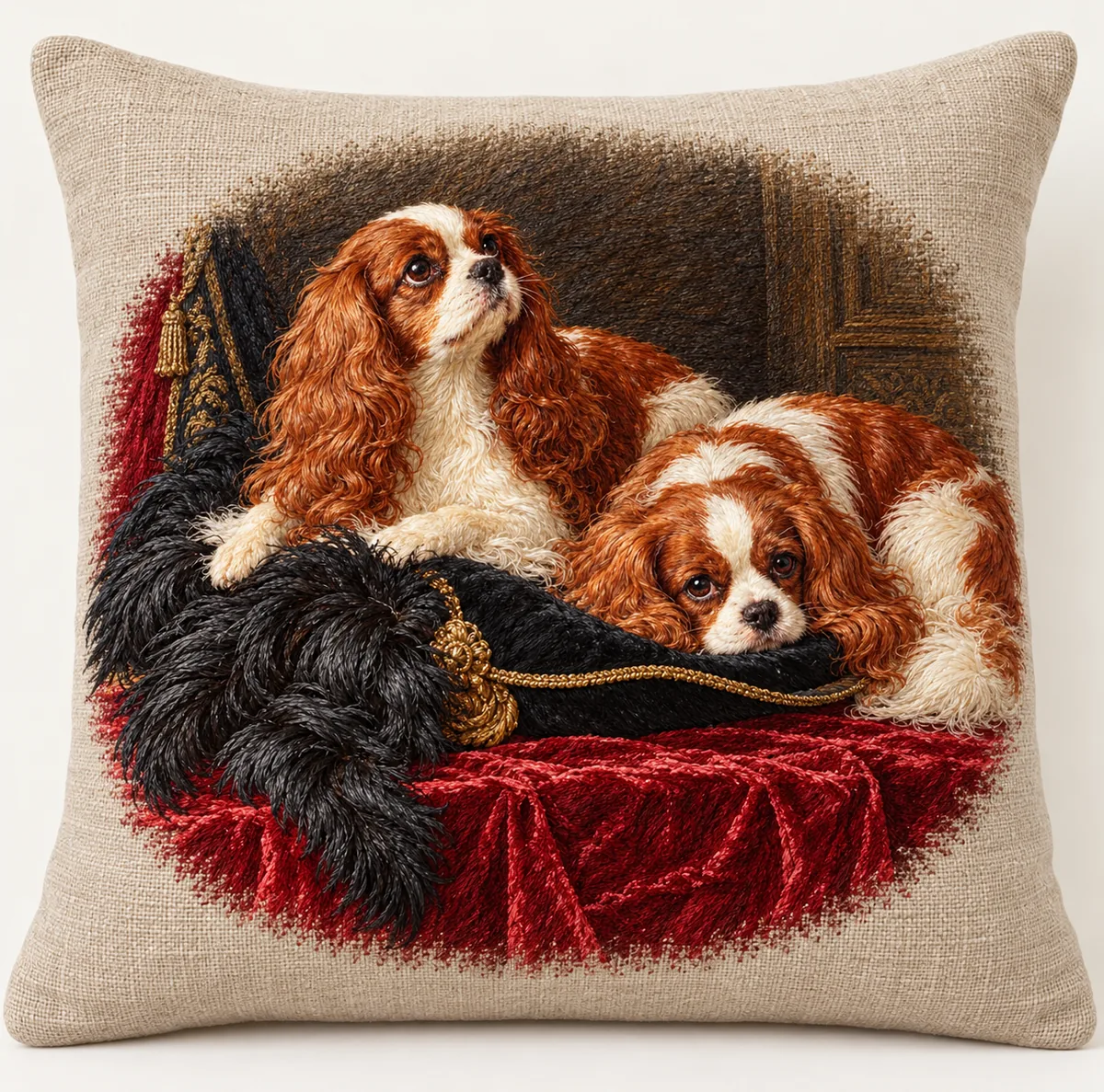 King Charles Spaniels (The Cavalier's Pets), embroidered linen pillow after Edwin Landseer