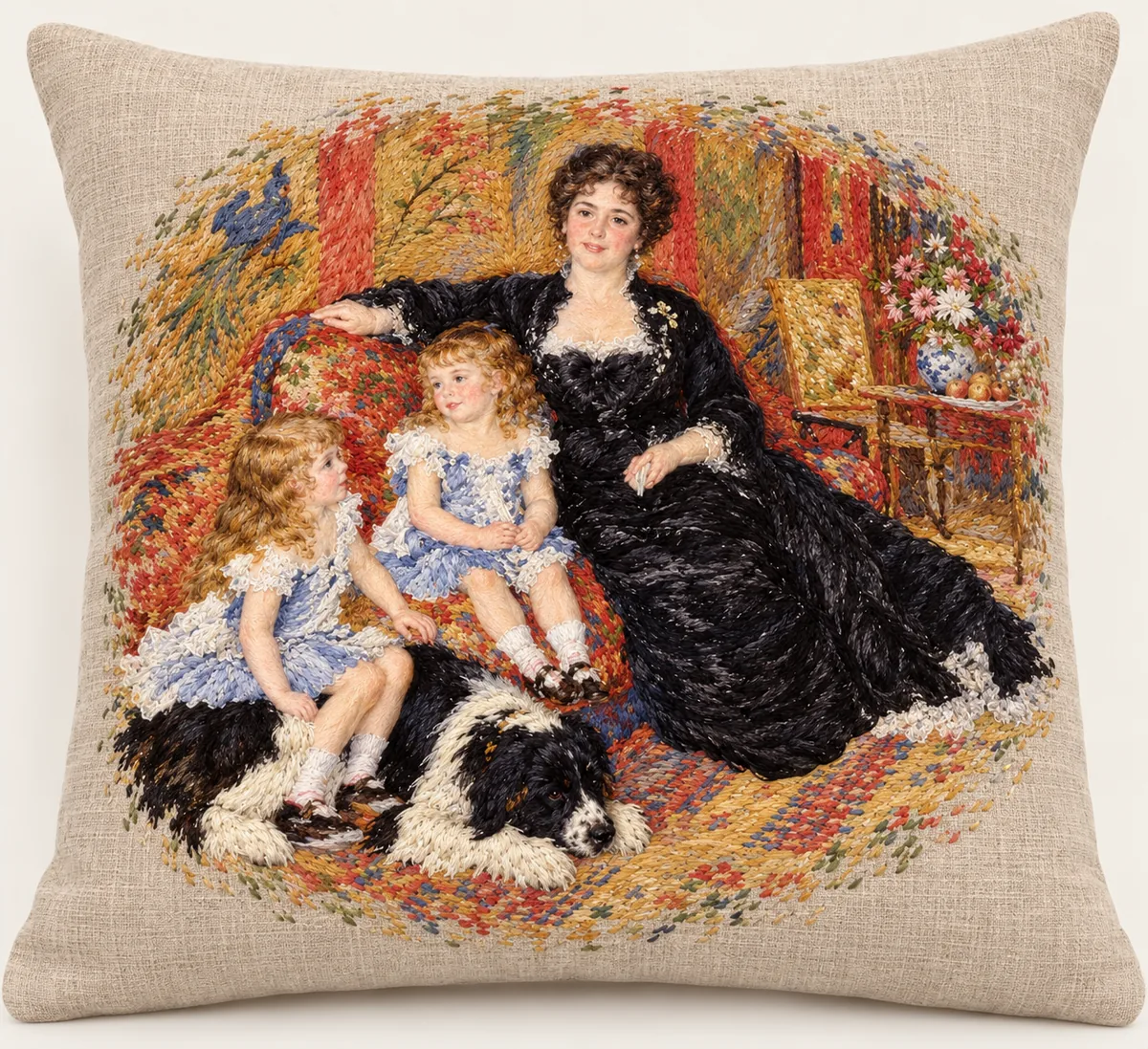 Madame Georges Charpentier and Her Children, embroidered linen pillow after Pierre-Auguste Renoir