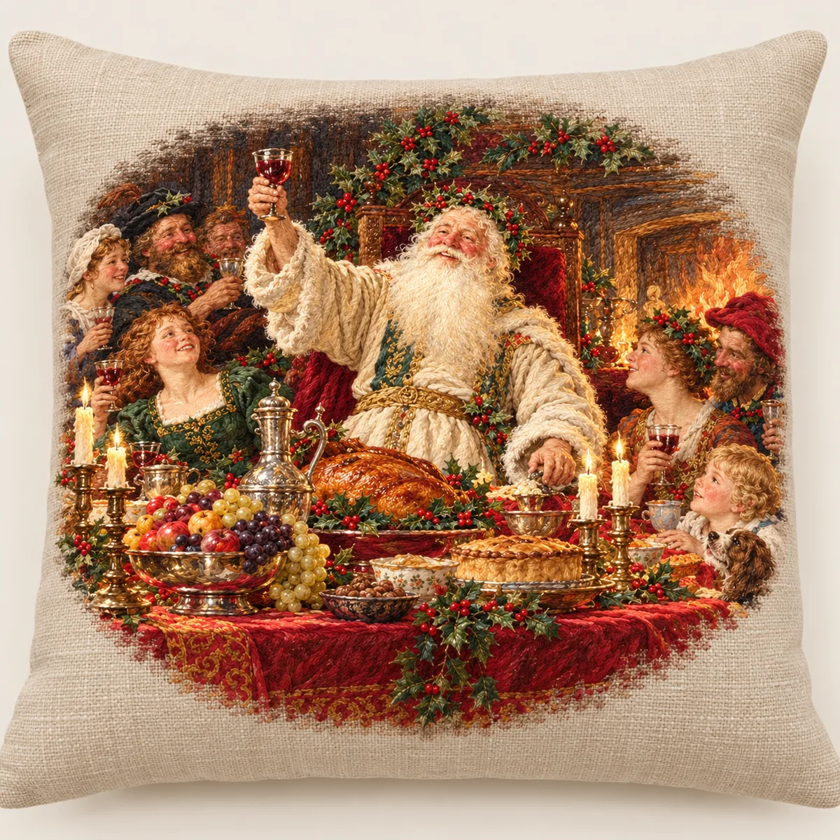 Old Father Christmas, embroidered linen pillow after William Ewart Lockhart