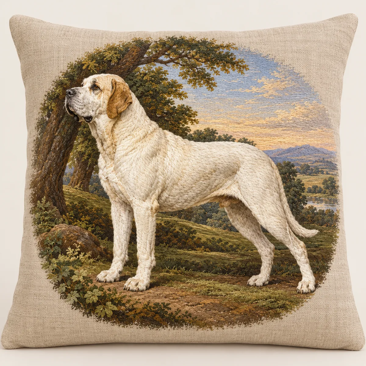 Portrait of a Large Dog, embroidered linen pillow after George Stubbs
