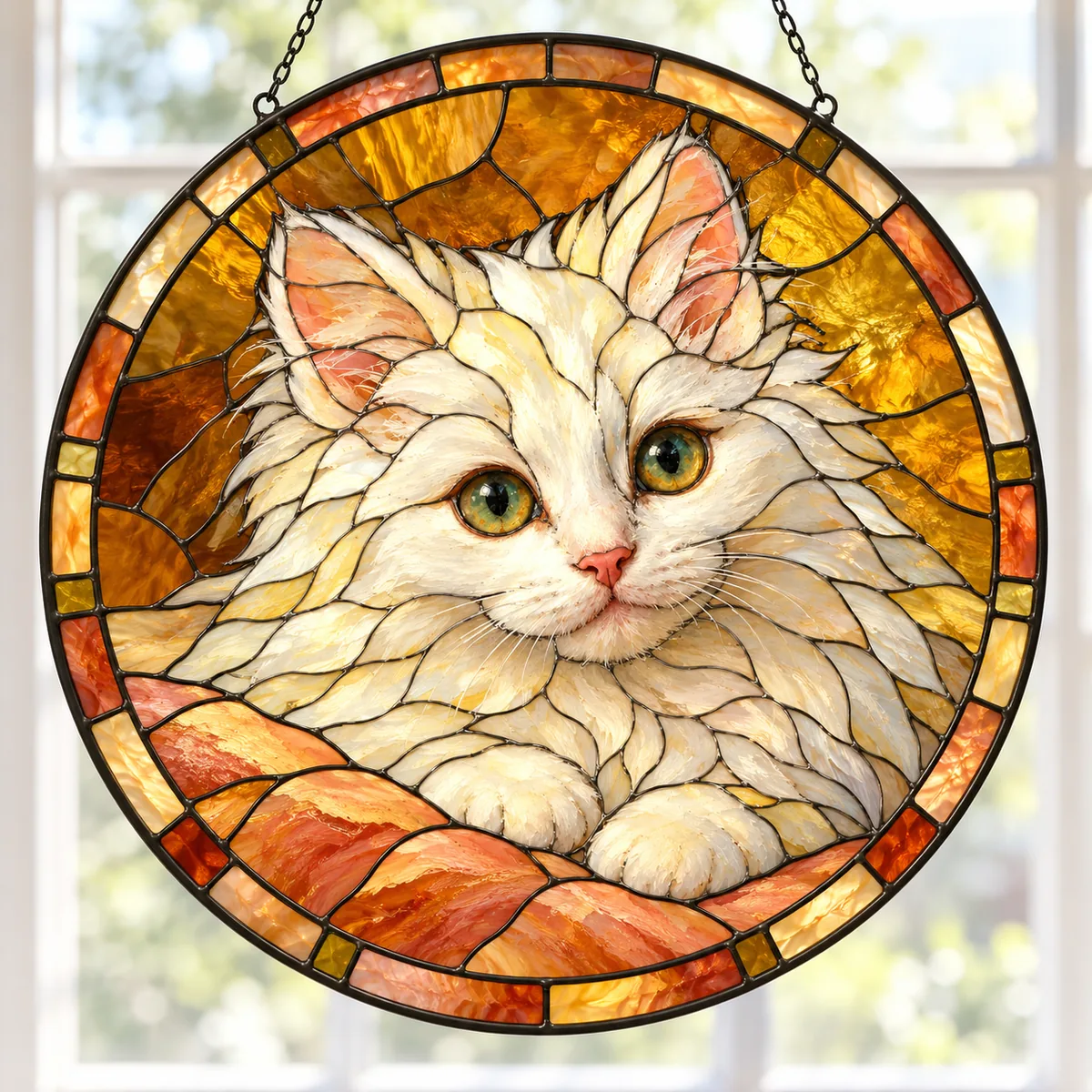 Head of a White Angora Kitten, stained glass suncatcher after Henriëtte Ronner-Knip