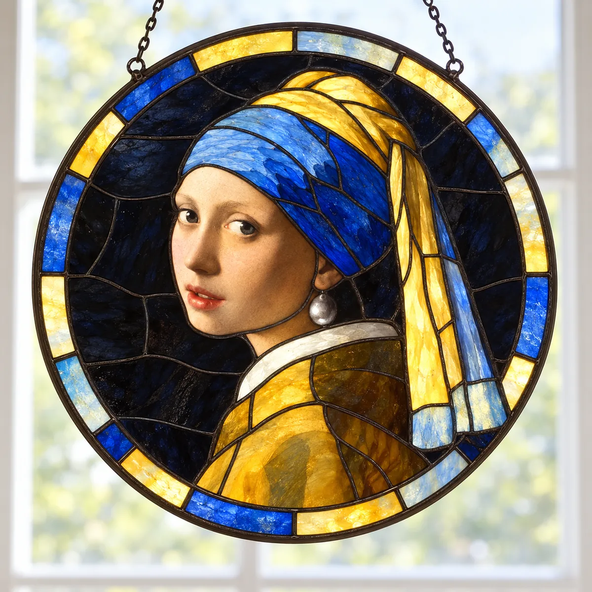 Girl with a Pearl Earring, stained glass suncatcher after Johannes Vermeer