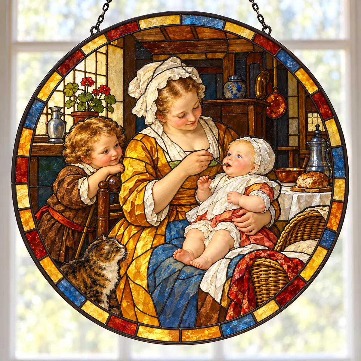 A Mother Feeding her Child (The Happy Mother), stained glass suncatcher after Willem van Mieris