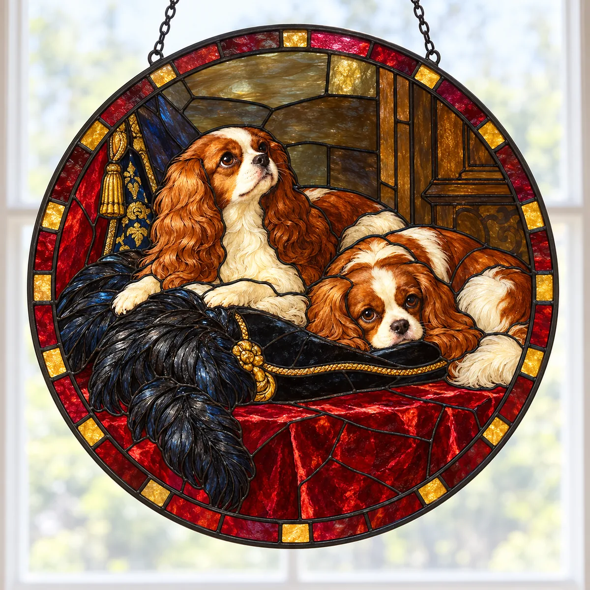 King Charles Spaniels (The Cavalier's Pets), stained glass suncatcher after Edwin Landseer