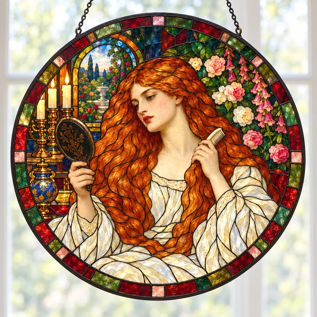 Lady Lilith, stained glass suncatcher after Dante Gabriel Rossetti