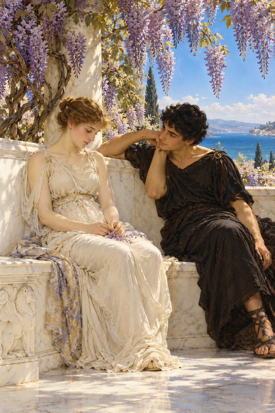 An oil painting after Lawrence Alma-Tadema's An Eloquent Silence (1890): a young couple sits on a white marble bench under purple wisteria, the blue sea behind them.