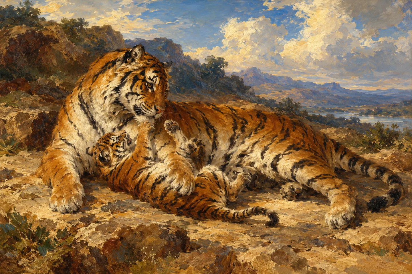 Young Tiger Playing with Its Mother