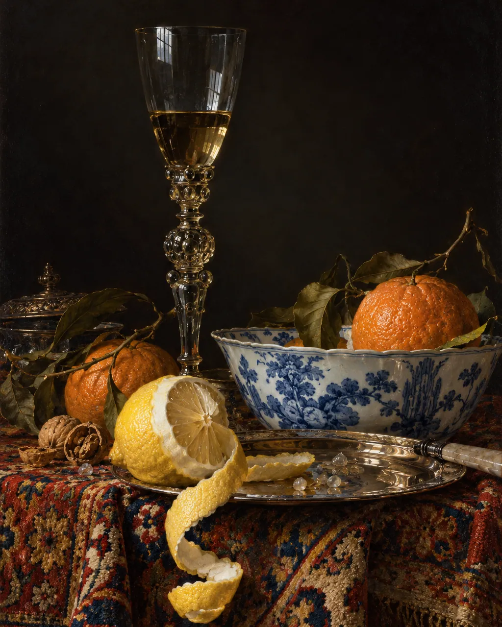 Still Life with Fruit, Glassware, and a Wanli Bowl, the painting