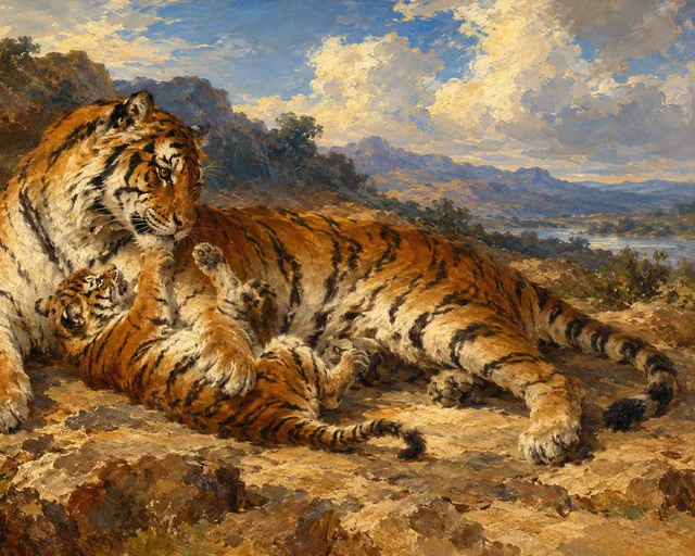 Young Tiger Playing with Its Mother